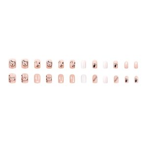 Faux ongles rose nude et blanc en lot de 24 avec motifs mignons d'animaux de dessin animé