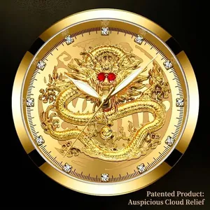 Golden quartz watch with dragon relief, luminous dial, and luxury crystal markers
