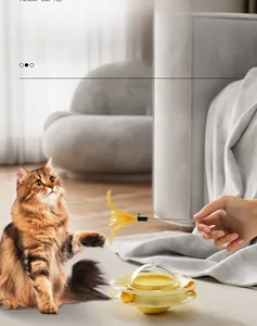 Detail view of yellow tumbler cat toy with detachable feather wand and spring handle