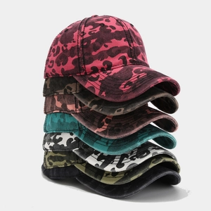 Set of six camouflage and leopard print baseball caps in various colors for sun protection
