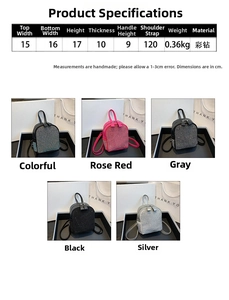 Detailed size specifications for rhinestone mini backpack showing five color options