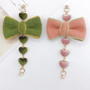 Plush bow heart pendant charm set in olive green and dusty pink for DIY accessories