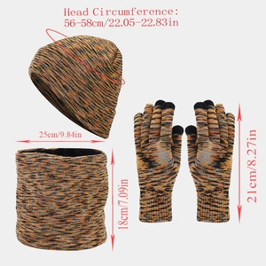 Detailed size chart for tie-dye knit beanie, neck warmer and touchscreen gloves set