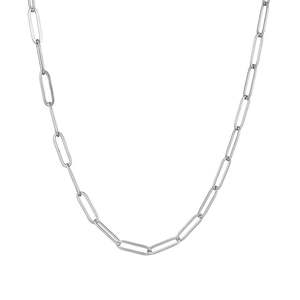 Detailed view of a silver paperclip chain necklace with sleek oval links on white background
