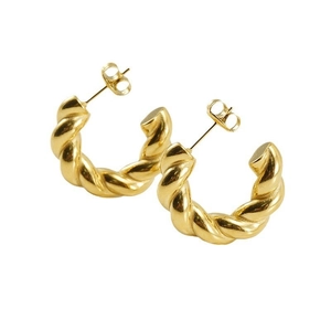 Polished 18K gold plated stainless steel twisted hoop earrings with a chunky C-shape design