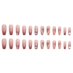 Pink gradient long coffin press-on nails with sparkling rhinestones and glitter finish