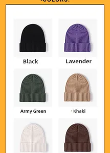 Detailed view of six colors of ribbed knit beanies including black, khaki and beige