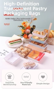 Detail of high transparency lid on a paper base pastry box for sandwiches and cakes