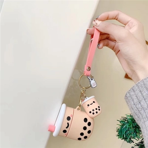Cute pink bubble tea silicone case for AirPods with matching hand strap and keychain