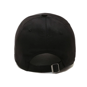 Black minimalist cotton baseball cap featuring an adjustable metal buckle on white background