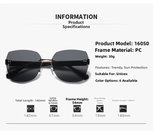 Detailed size specifications for rimless sunglasses with dimensions and 30g weight