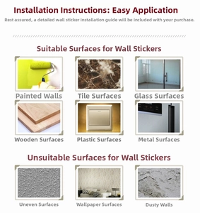 Guide for self-adhesive Christmas wall stickers showing suitable and unsuitable surfaces