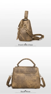 Detail view of the brown vintage tote bag showing textured synthetic leather and gold hardware