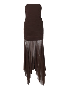 Elegant strapless dark brown mesh patchwork dress with ruched details and asymmetrical hem