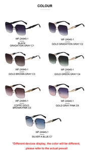 Detailed grid view showcasing seven stylish oversized square sunglasses in various gradient colors