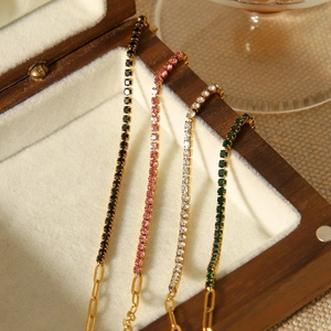 Elegant stainless steel cross chain bracelets with colorful zircon stones in gold plating