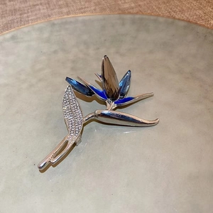 Detail der silbernen Paradiesvogel-Brosche mit blauen und grauen Kristallen auf einem Teller