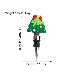 Detailed view of PVC green Christmas tree wine stopper with dimensions and weight data