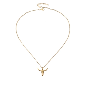 Gold stainless steel bull head skull pendant necklace on a delicate choker chain