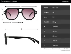 Detailed size chart for retro sunglasses showing frame dimensions and PC material specs