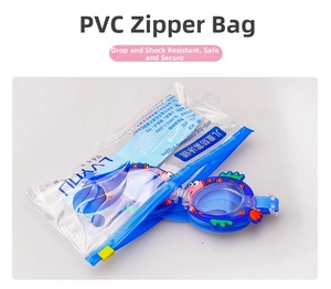 Blue kids crab swimming goggles with cartoon fins in a clear PVC zipper storage bag