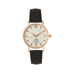 Classic minimalist rose gold quartz watch with black leather strap and small second dial