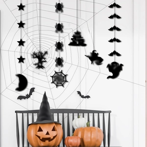 Halloween decor set featuring orange pumpkins, witch hats, and black bat spider hanging charms