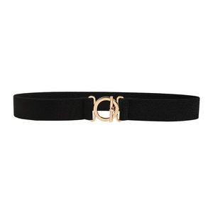 Chic black elastic waist belt for women with a polished gold round metal buckle