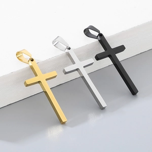 Polished stainless steel cross pendants in gold, silver, and black finish options