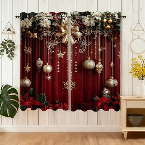 Detail of red Christmas velvet curtains with golden bells, snowflakes and grommet top design