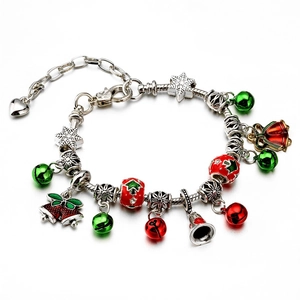 Adjustable Christmas charm bracelet with red bells and snowflake pendants in silver finish