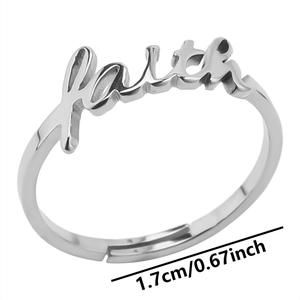 Detail of adjustable stainless steel ring featuring faith engraving and 1.7cm diameter
