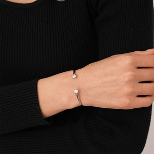 Minimalist silver open cuff bracelet with dual sparkling cubic zirconia stones for women