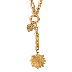 18K gold plated O-chain necklace featuring heart and sunburst pendants with crystals
