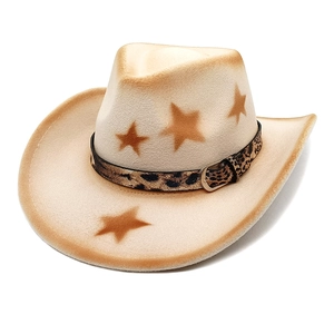 Detail of beige felt cowboy hat with brown stars, leopard print belt and metal buckle