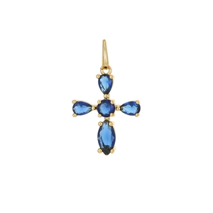 Ciondolo a croce vintage in oro con cinque gemme blu taglio a pera su bianco