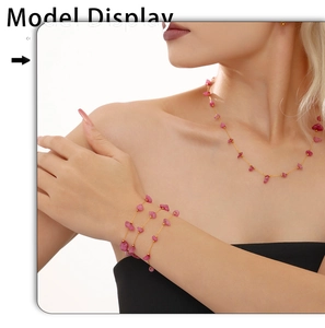 Model wearing a pink natural stone jewelry set with delicate golden stainless steel chains