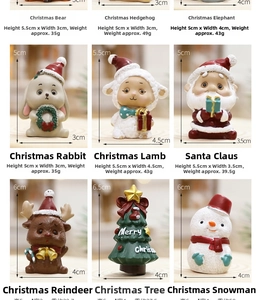 Detailed grid view of assorted Christmas miniature resin figurines with measurements