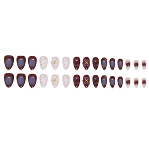 Deep red cat eye press-on nails with 3D floral accents and golden beads set