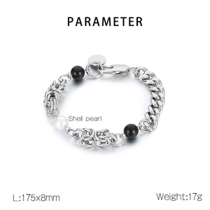 Detail showing 175mm titanium steel chain bracelet with shell pearls and weight specs