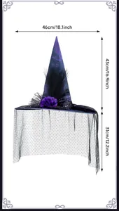 Tableau détaillé des tailles pour chapeau de sorcière violet avec fleurs et voile à pois