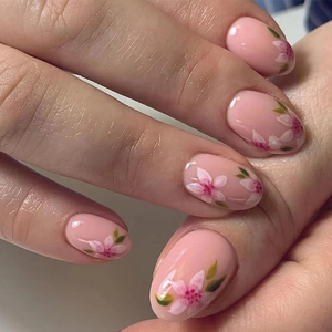 Press On Nails Pink Floral Design Glossy Oval Detachable Fake Nail Tips For Women DIY Manicure Cherry Blossom Style