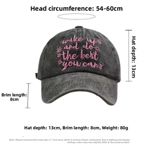 Detail view of washed cotton baseball cap with pink embroidery and 8cm brim length