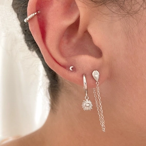 S925 silver moon stud earrings set with spiral ear cuff and tassel chain earrings