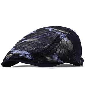 Dark blue camouflage mesh flat cap with adjustable side buckle and breathable design