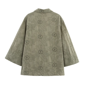 Olive green embroidered openwork shirt jacket with sunflower pattern on cotton fabric