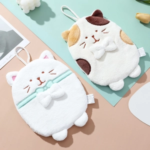 Absorbent cat-shaped coral fleece hand towels with hanging loops for kitchen and bathroom