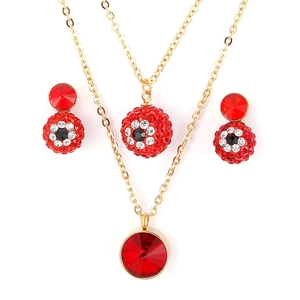 Elegant gold-plated stainless steel jewelry set featuring red crystal eye pendant necklace and earrings