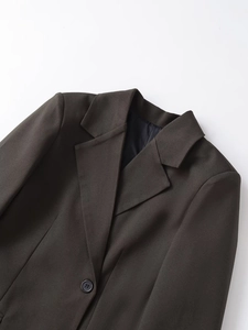 Close-up of lapel and single button detail on a coffee brown slim fit women blazer