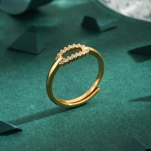 Adjustable gold horsebit ring with clear zircons on a dark green textured surface